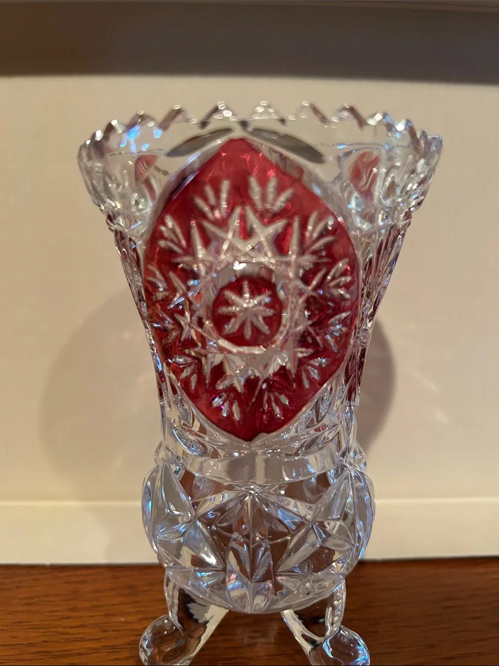 Vintage 5.5” Red and Clear Cut Glass Decorative Vase -